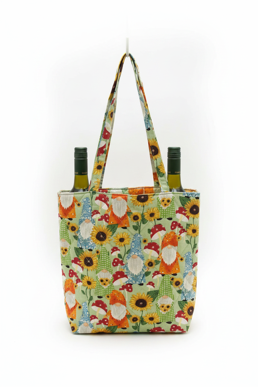 Quilted Wine Tote – Gnomes & Sunflowers